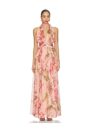 ROCOCO SAND Ruched Sash Maxi Dress in Peach. Size S. Also in L, M, XL, XS, XXL, XXS.