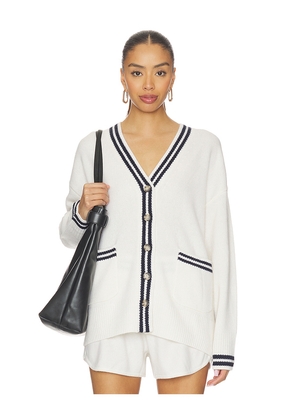 White & Warren Cashmere Varsity Cardigan in White,Black. Size XS. Also in M, L.