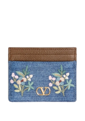 Valentino Garavani VLogo Signature card holder in denim with floral embroidery - Brown