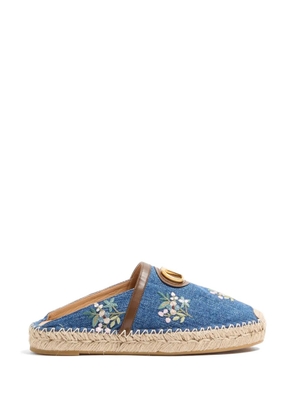Valentino Garavani VLogo Signature mules in denim with floral embroidery 25mm - Blue