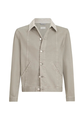 Brunello Cucinelli Garment-dyed outerwear jacket in comfort cotton lightweight denim with leather collar - Neutrals
