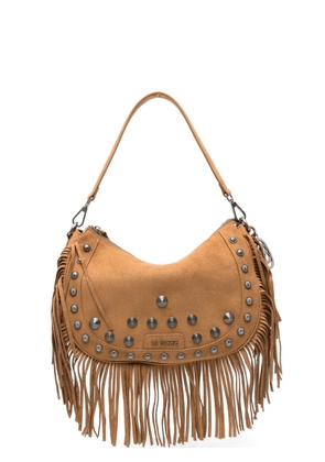 La Carrie Aztec fringe studded suede shoulder bag - Neutrals