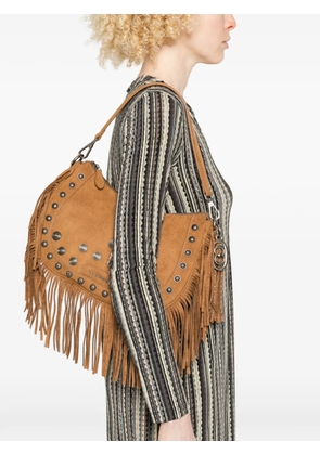 La Carrie Aztec fringe studded suede shoulder bag - Neutrals
