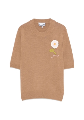 GANNI floral-appliqué short-sleeve sweater - Neutrals