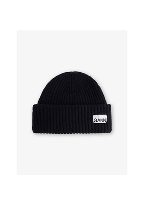 Womens Ganni Logo-Patch Wool-Blend Beanie Hat