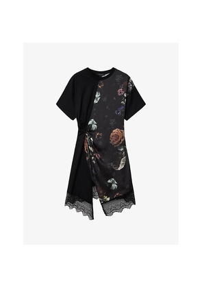 Womens Allsaints Lana Floral-Print Lace-Hem Cotton Mini Dress