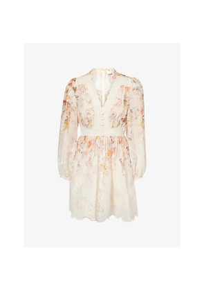 Womens Zimmermann Luna Lace-Trim Silk and Linen-Blend Mini Dress