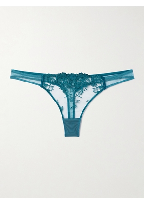 Kiki de Montparnasse - Juliette Satin-trimmed Embroidered Tulle Thong - Blue - x small,small,medium,large