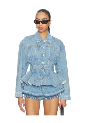 AKNVAS Alex Peplum Denim Jacket in Blue. Size 0. Also in 4, 6, 8, 10, 12.