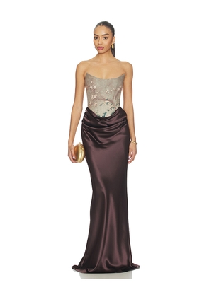 SAU LEE Frances Gown in Chocolate,Taupe. Size 0. Also in 2, 4, 6, 8, 10, 12.