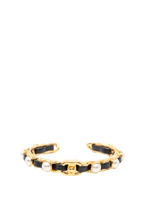 CHANEL Pre-Owned 2020 Gold Plated Leather Woven in Chain Faux Pearl CC Turnlock Cuff Bracelet costume bracelet - Black
