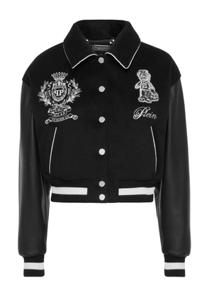 Philipp Plein leather-sleeve logo-embroidered bomber jacket - Black
