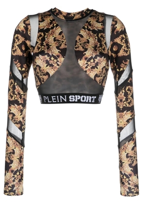 Plein Sport Baroque-print long-sleeved crop top - Black