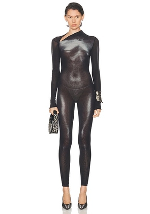 Jean Paul Gaultier Asymmetric Collar Body Dust Printed Catsuit in Black & Silver - Black. Size S (also in ).