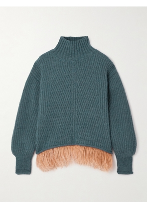 La DoubleJ - High Kick Feather-trimmed Ribbed Alpaca-blend Turtleneck Sweater - Blue - xx small,x small,small,medium,large,x large