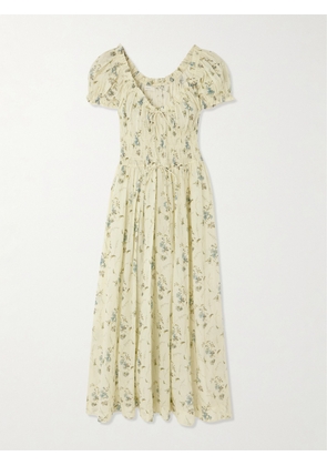 DÔEN - Ashlynn Tie-detailed Shirred Floral-print Organic Cotton-voile Midi Dress - Yellow - x small,small,medium,large,x large