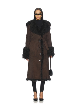 Susanna Chow Daphne Shearling Suede Coat in Brown. Size S. Also in M.