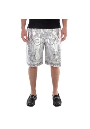 Versace Mens Silver Baroque Print Silk Twill Shorts