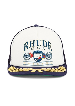 Rhude USA Sailing Icon Trucker Hat in Navy & White - Blue. Size all.