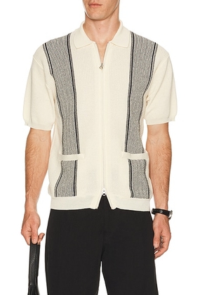 Beams Plus Zip Knit Polo Stripe in Off White - Cream. Size S (also in L, M, XL).