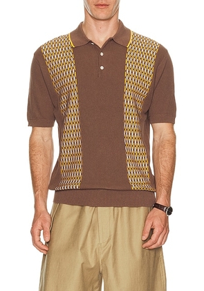 Beams Plus Knit Polo Front Stripe Jacquard in Brown - Brown. Size S (also in L, XL).