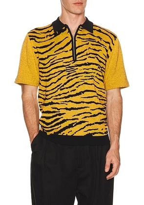 Beams Plus Half Zip Knit Polo Animal Jacquard in Tiger - Yellow. Size S (also in L, M, XL).