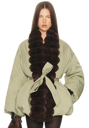 Helsa Bubble Puffer With Faux Fur in Fennel & Cedar - Green. Size L (also in ).