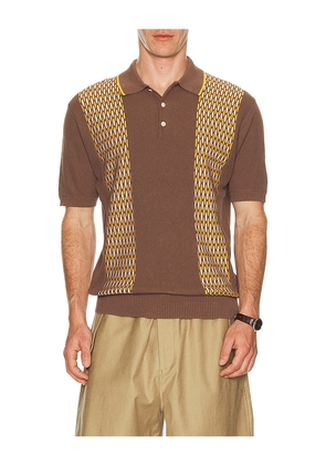 Beams Plus Knit Polo Front Stripe Jacquard in Brown. Size S. Also in L, M, XL.