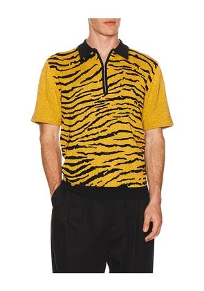 Beams Plus Half Zip Knit Polo Animal Jacquard in Yellow. Size S. Also in L, M, XL.
