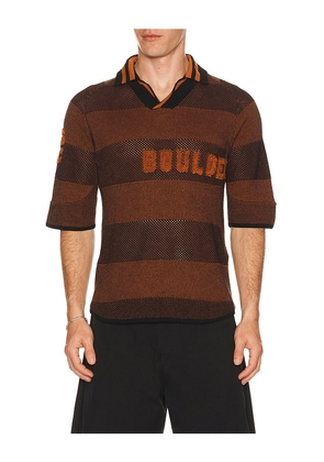 ISA BOULDER Boulder Line Polo Shirt in Brown. Size S. Also in L, M, XL/1X.