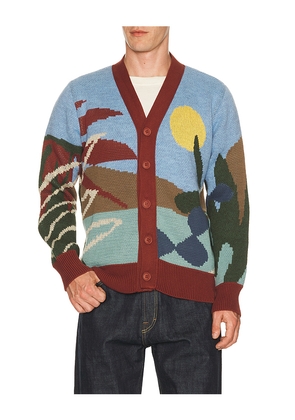 Far Afield Buckley Cardigan Sweater in Brick,Blue. Size S. Also in L, M, XL/1X.