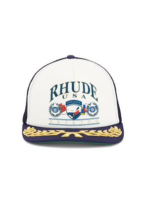 Rhude USA Sailing Icon Trucker Hat in Blue.