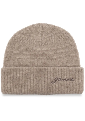 GANNI logo-embroidered knitted beanie - Neutrals