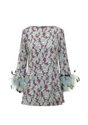 DES PHEMMES feather-trim printed mini dress - Blue