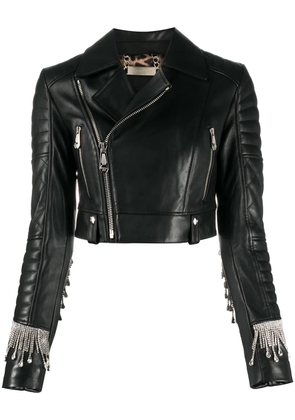 Philipp Plein crystal-fringe biker jacket - Black