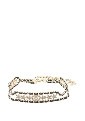 CHANEL Pre-Owned 2023 Gold Plated Leather Woven CC Rhinestone Star Choker Necklace costume necklace - Black