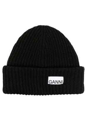 GANNI logo patch knit beanie - Black