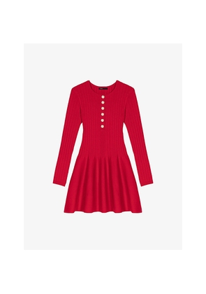 Womens Maje Round-Neck Flared-Skirt Stretch-Knit Mini Dress