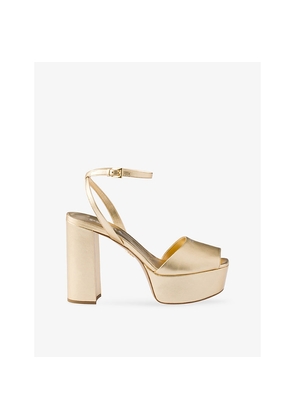 Womens Prada Brand-Print Metallic-Leather Platform Sandals