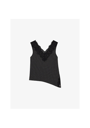 Womens Whistles Polka-Dot Lace-Trim Woven Top