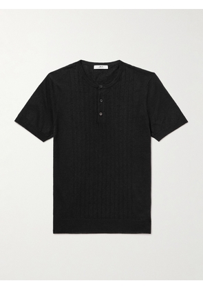Mr P. - Pointelle-Knit Linen and Cotton-Blend Henley T-Shirt - Men - Black - XS