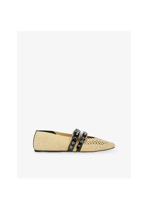 Womens The Kooples Double-Buckle Raffia and Leather Ballet Flats