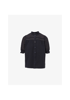Womens Me And Em Lace-Panel Ruffled Cotton Top
