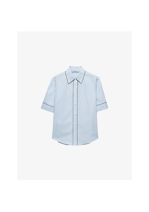 Womens Prada Short-Sleeve Pip-Trim Cotton Poplin Shirt