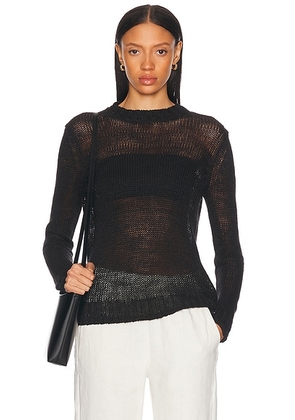 Enza Costa Linen Open Knit Crew Sweater in Black - Black. Size S (also in ).