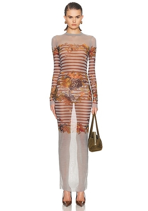 Jean Paul Gaultier Mesh Printed Marinière Grape Long Dress in Light Blue & Multicolor - Slate,Brown. Size M (also in S, XS).