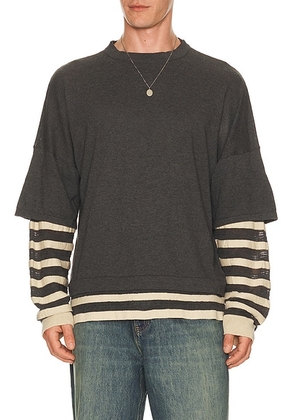 ISA BOULDER Gauzine Stripe Long Sleeves in Dark Grey & Ivory - Grey. Size L (also in M, S, XL/1X).