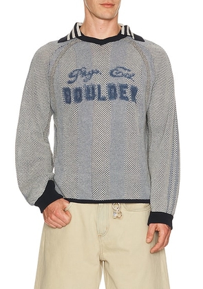 ISA BOULDER Athletic Stripe Sweater in Ice Blue - Blue. Size L (also in M, S, XL/1X).