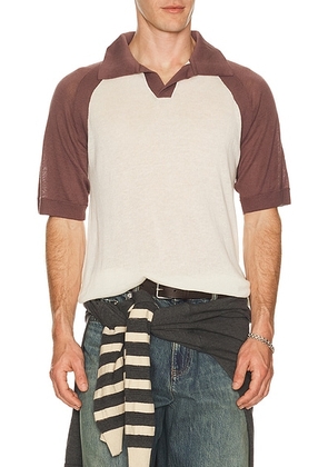 ISA BOULDER Raglan Polo Shirt in Plum & White - White. Size L (also in M, S, XL/1X).