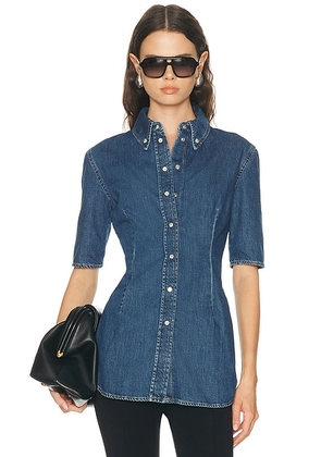 Mugler Short Sleeve Button Up Shirt in Blue Rinse - Blue. Size 34 (also in 36, 42).